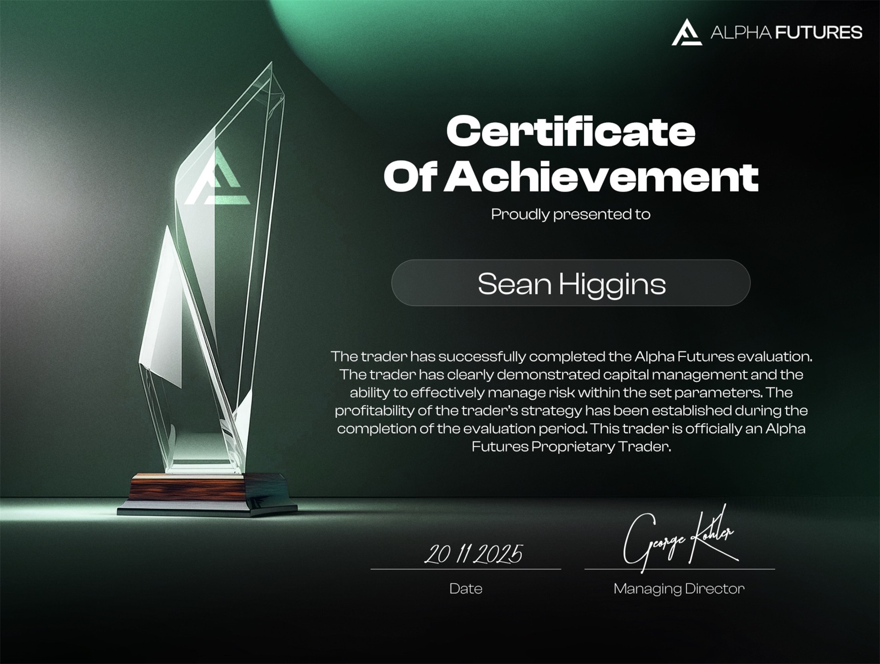 Alpha Futures Certificate of Achievement