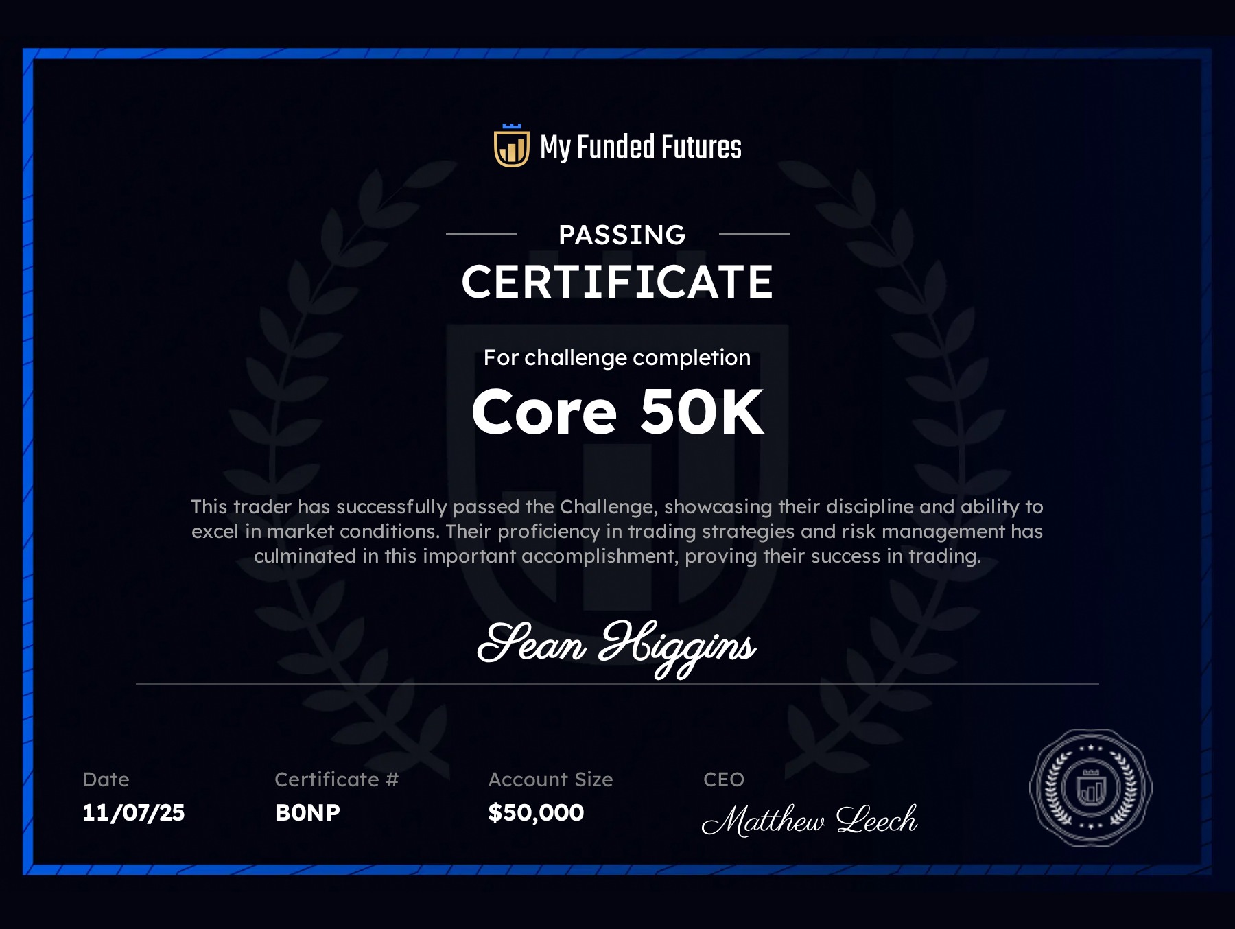 My Funded Futures passing certificate