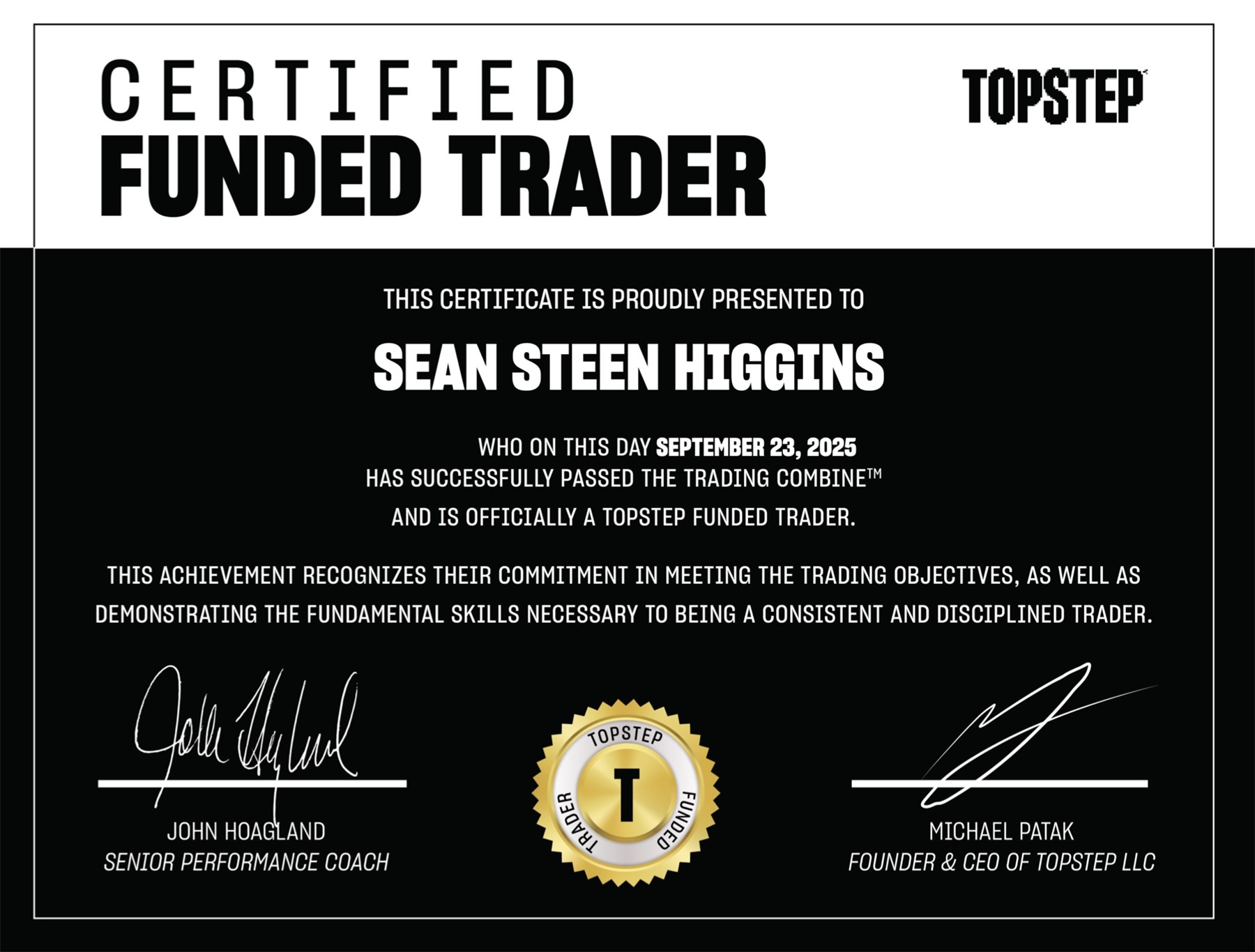 Topstep Certified Funded Trader certificate