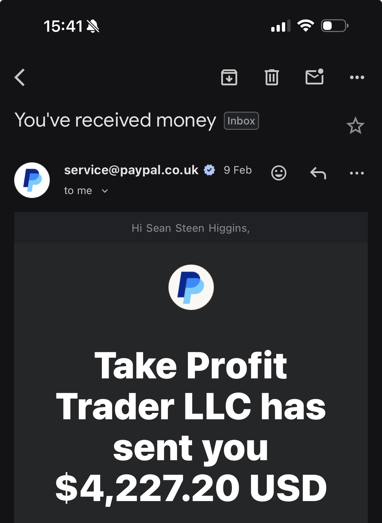 PayPal payout received — $5,201.60